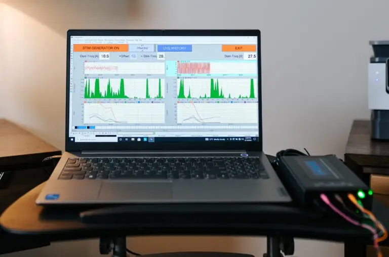 IASIS Microcurrent Neurofeedback equipment displaying brainwave activity during a neurofeedback therapy session. The system is used to help improve mental health conditions such as anxiety, PTSD, and brain fog by calming the nervous system and promoting brainwave regulation."