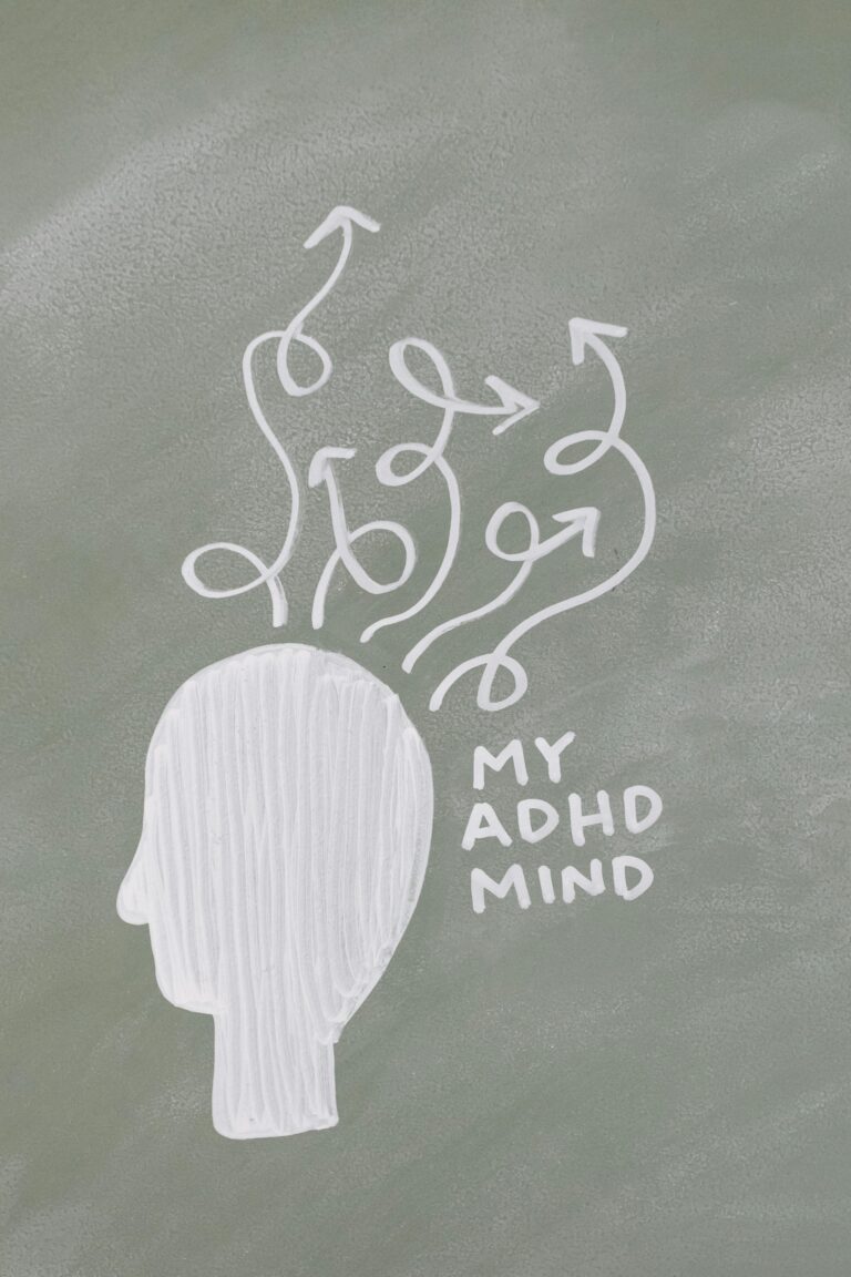 A chalkboard drawing of a human head silhouette with arrows pointing in various directions, representing a busy and distracted mind. The text "My ADHD Mind" is written near the illustration.