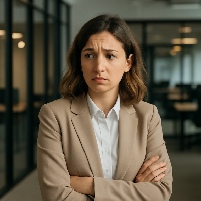 Professional woman looking uncertain in a modern office setting, symbolizing imposter syndrome and self-doubt.