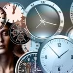 A woman surrounded by overlapping clocks, symbolizing how stress and anxiety distort a sense of time and how the 5-minute, 5-month, 5-year rule helps create clarity and perspective.