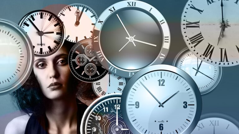 A woman surrounded by overlapping clocks, symbolizing how stress and anxiety distort a sense of time and how the 5-minute, 5-month, 5-year rule helps create clarity and perspective.